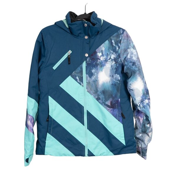 Obermeyer Youth Jacket Teen XL 18 Insulated Winter Jacket Blue Teal Floral Hood - Picture 1 of 7